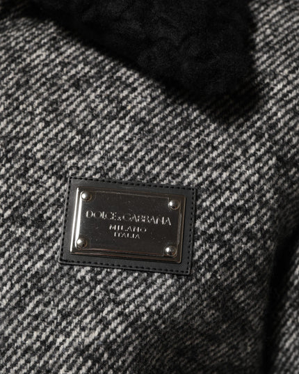 Dolce & Gabbana Gray Wool Herringbone Shearling Collar Bomber Jacket