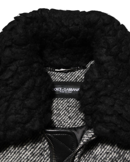Dolce & Gabbana Gray Wool Herringbone Shearling Collar Bomber Jacket
