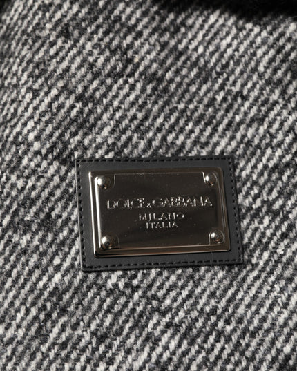 Dolce & Gabbana Gray Wool Herringbone Shearling Collar Bomber Jacket