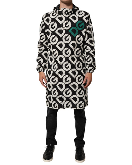 Dolce & Gabbana Black White Logo Print Hooded Coat Men Jacket