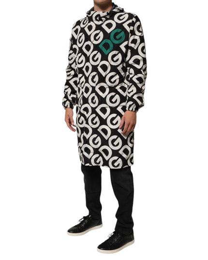 Dolce & Gabbana Black White Logo Print Hooded Coat Men Jacket