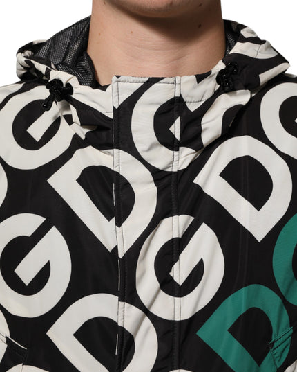 Dolce & Gabbana Black White Logo Print Hooded Coat Men Jacket