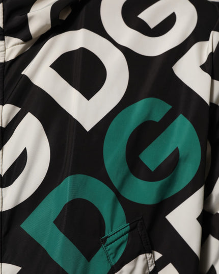Dolce & Gabbana Black White Logo Print Hooded Coat Men Jacket