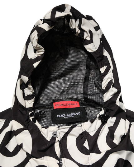 Dolce & Gabbana Black White Logo Print Hooded Coat Men Jacket