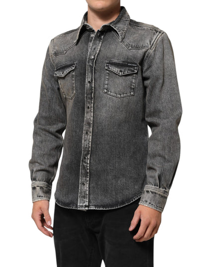 Dolce & Gabbana Black Washed Cotton Snap Long Sleeve Casual Shirt