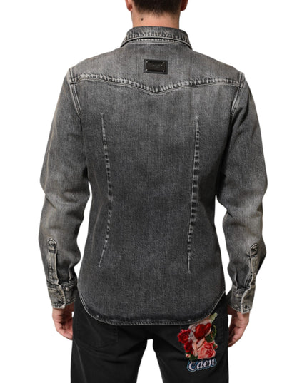 Dolce & Gabbana Black Washed Cotton Snap Long Sleeve Casual Shirt