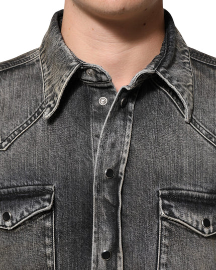 Dolce & Gabbana Black Washed Cotton Snap Long Sleeve Casual Shirt