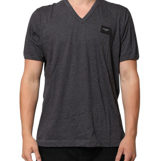 Dolce & Gabbana Grey Cotton V-Neck Logo Plaque Melange T-Shirt