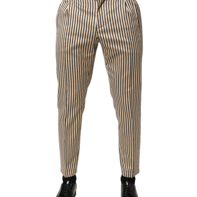 Dolce & Gabbana Beige Black Striped Cotton Slim Fit Trousers Pants