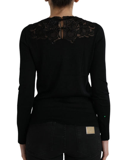 Dolce & Gabbana Black Silk Lace Trim Long Sleeves Blouse Top