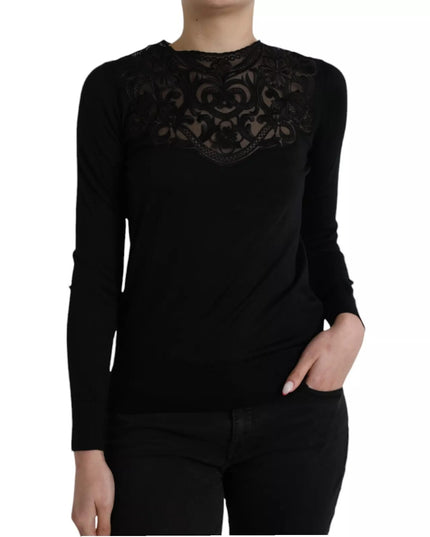 Dolce & Gabbana Black Silk Lace Trim Long Sleeves Blouse Top