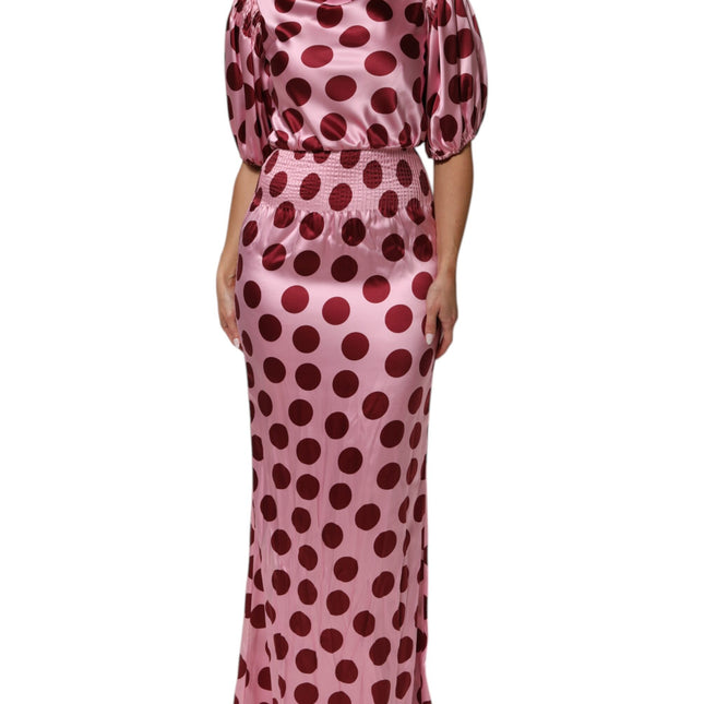 Dolce & Gabbana Pink Red Polka Dot Silk Satin Maxi Gown Dress
