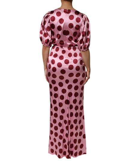Dolce & Gabbana Pink Red Polka Dot Silk Satin Maxi Gown Dress