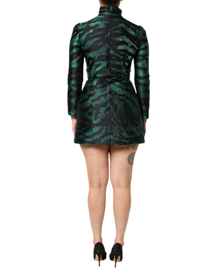 Dolce & Gabbana Black Green Metallic Jacquard Mini Long Dress