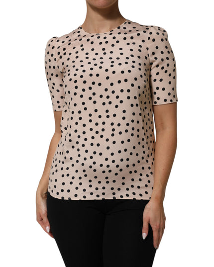 Dolce & Gabbana Beige Black Polka Dot Silk Short Sleeve Blouse Top