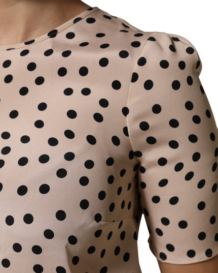 Dolce & Gabbana Beige Black Polka Dot Silk Short Sleeve Blouse Top