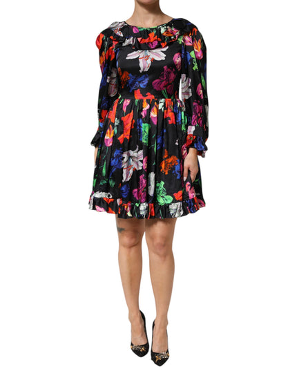MSGM Dress Black Multicolor Floral Ruffle Long Sleeve Mini Dress