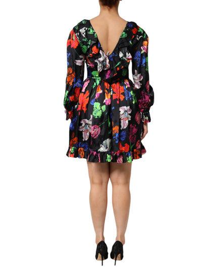 MSGM Dress Black Multicolor Floral Ruffle Long Sleeve Mini Dress