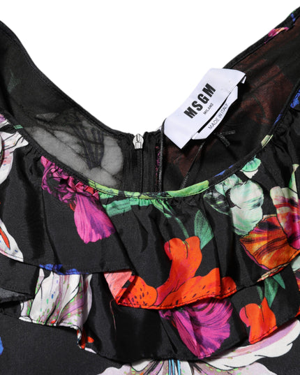 MSGM Dress Black Multicolor Floral Ruffle Long Sleeve Mini Dress