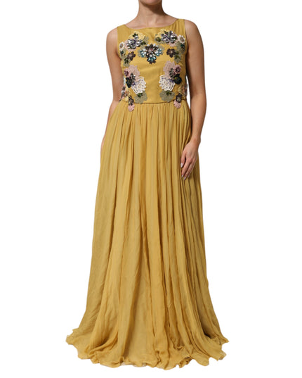 Dolce & Gabbana Yellow Silk Floral Embroidered Maxi Dress