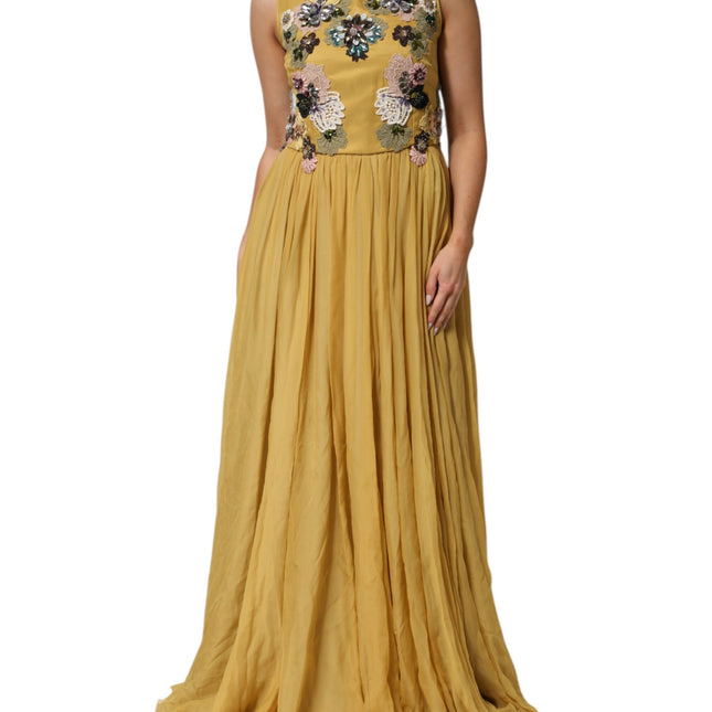 Dolce & Gabbana Yellow Silk Floral Embroidered Maxi Dress