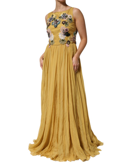 Dolce & Gabbana Yellow Silk Floral Embroidered Maxi Dress