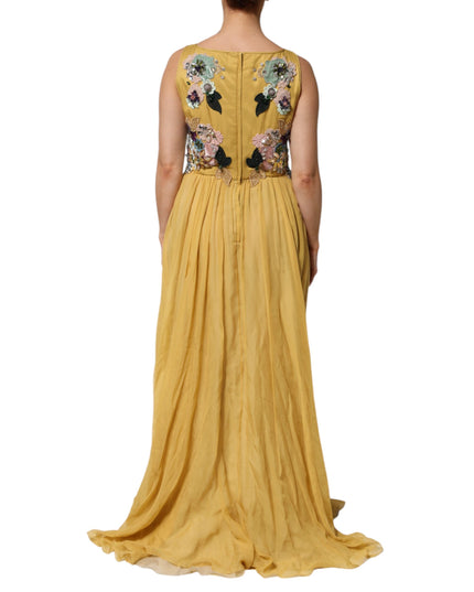 Dolce & Gabbana Yellow Silk Floral Embroidered Maxi Dress