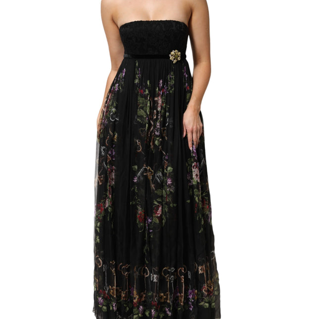 Dolce & Gabbana Black Floral Key Print Crystal Strapless Dress