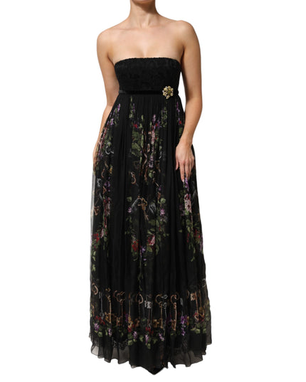 Dolce & Gabbana Black Floral Key Print Crystal Strapless Dress