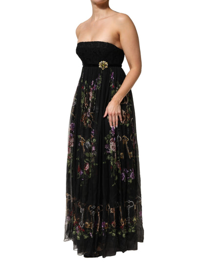 Dolce & Gabbana Black Floral Key Print Crystal Strapless Dress