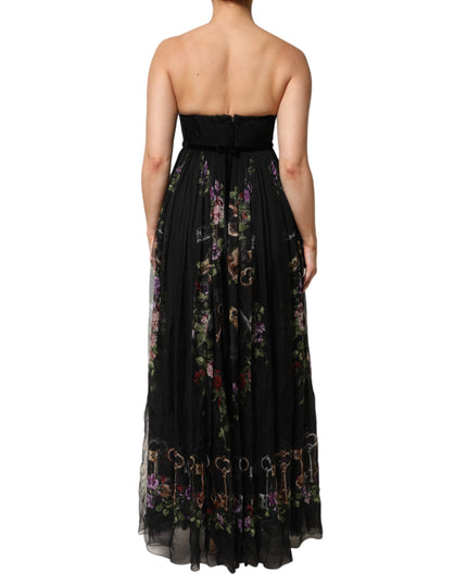 Dolce & Gabbana Black Floral Key Print Crystal Strapless Dress