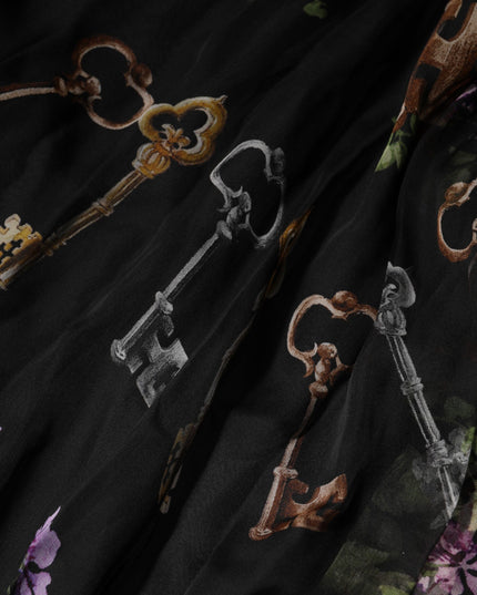 Dolce & Gabbana Black Floral Key Print Crystal Strapless Dress