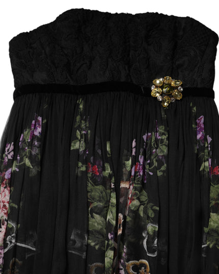 Dolce & Gabbana Black Floral Key Print Crystal Strapless Dress
