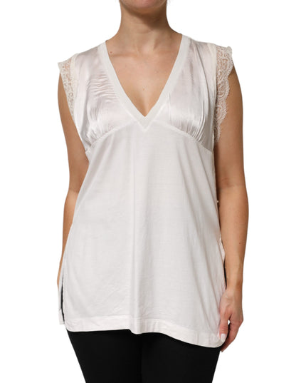 PINKO White Silk Blend Lace Trim Sleeveless V-Neck Women’s Top