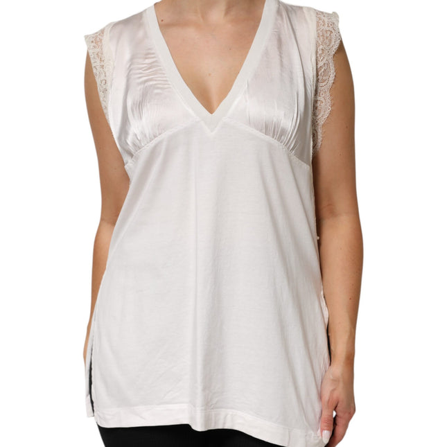 PINKO White Silk Blend Lace Trim Sleeveless V-Neck Women’s Top
