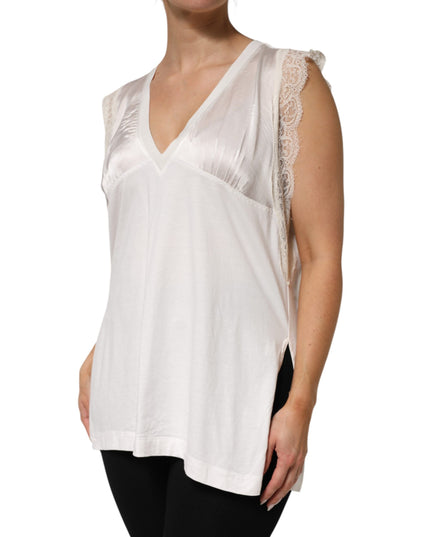 PINKO White Silk Blend Lace Trim Sleeveless V-Neck Women’s Top