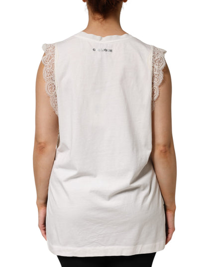 PINKO White Silk Blend Lace Trim Sleeveless V-Neck Women’s Top
