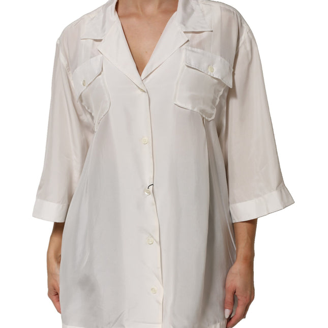Dolce & Gabbana White Silk Collared 3/4 Sleeves Blouse Top