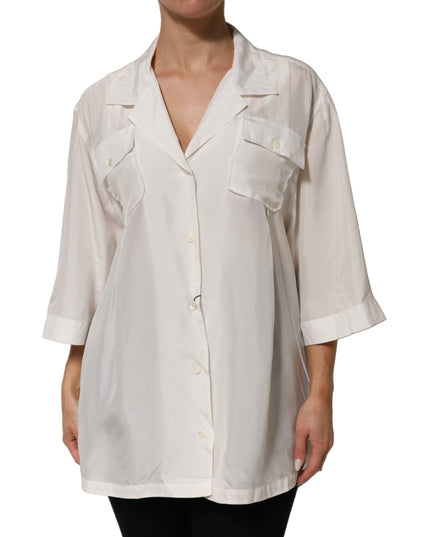 Dolce & Gabbana White Silk Collared 3/4 Sleeves Blouse Top