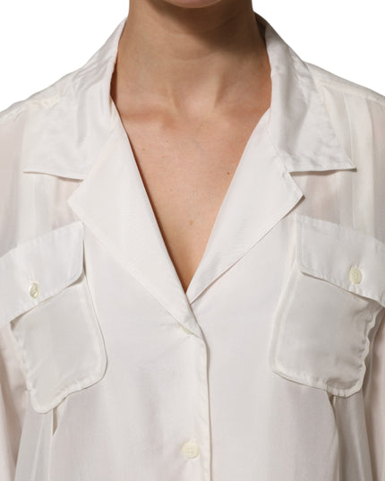 Dolce & Gabbana White Silk Collared 3/4 Sleeves Blouse Top