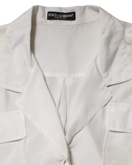 Dolce & Gabbana White Silk Collared 3/4 Sleeves Blouse Top