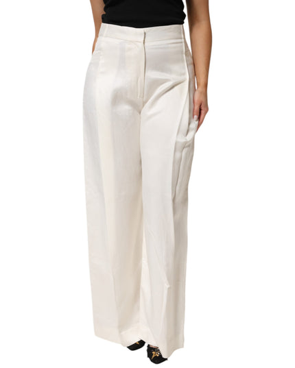 Brian Dales White Viscose Linen Wide Leg Palazzo Womens Pants