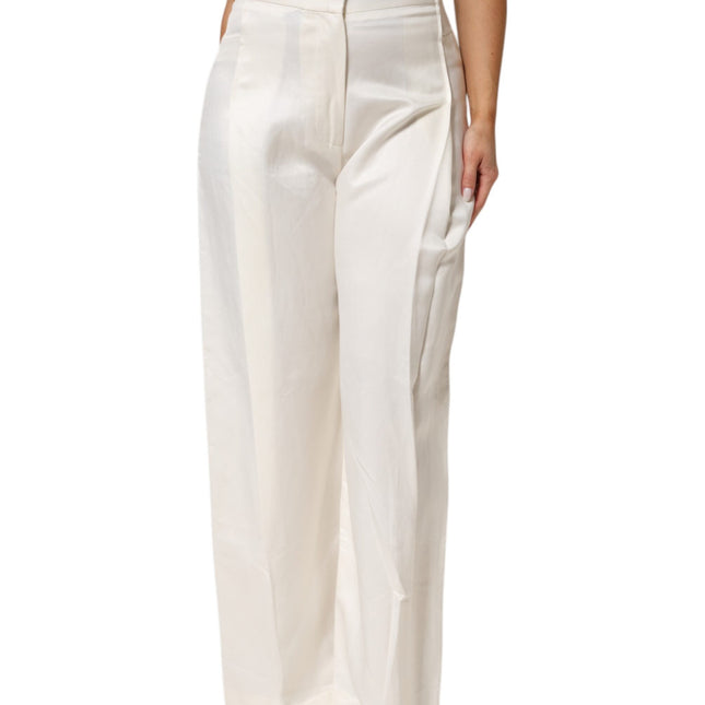 Brian Dales White Viscose Linen Wide Leg Palazzo Womens Pants