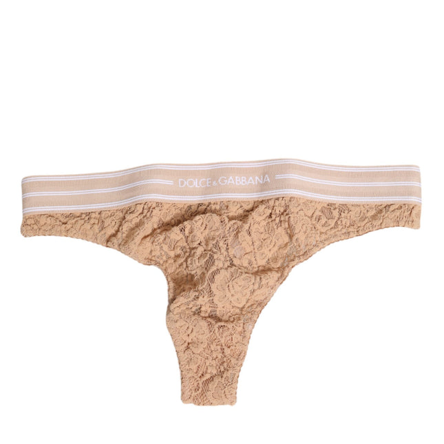 Dolce & Gabbana Beige Lace Logo Elastic Waist Thong Tanga Underwear