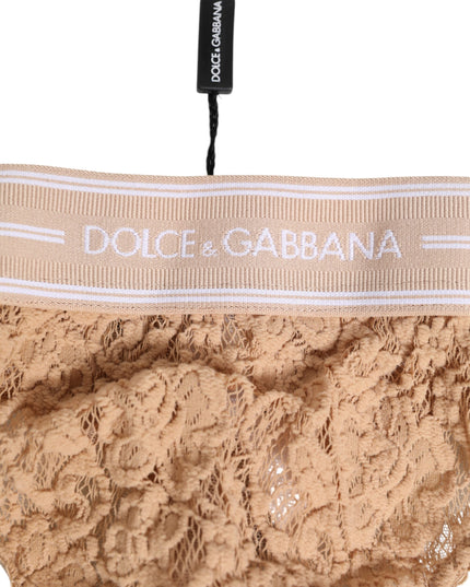 Dolce & Gabbana Beige Lace Logo Elastic Waist Thong Tanga Underwear