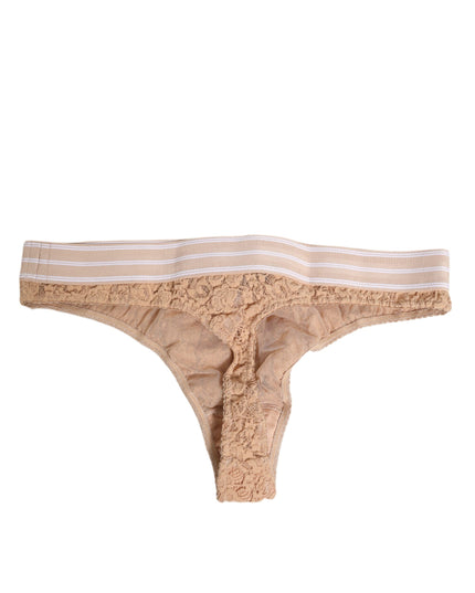 Dolce & Gabbana Beige Lace Logo Elastic Waist Thong Tanga Underwear