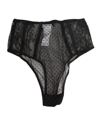 Dolce & Gabbana Black Lace Polka Dot Mesh High Waist Underwear