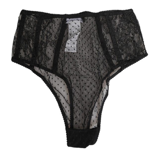 Dolce & Gabbana Black Lace Polka Dot Mesh High Waist Underwear