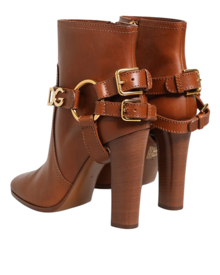 Dolce & Gabbana Brown Leather DG Logo Buckle Ankle Boots Shoes