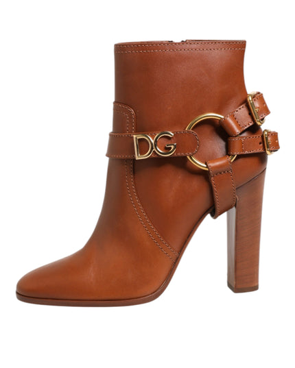Dolce & Gabbana Brown Leather DG Logo Buckle Ankle Boots Shoes